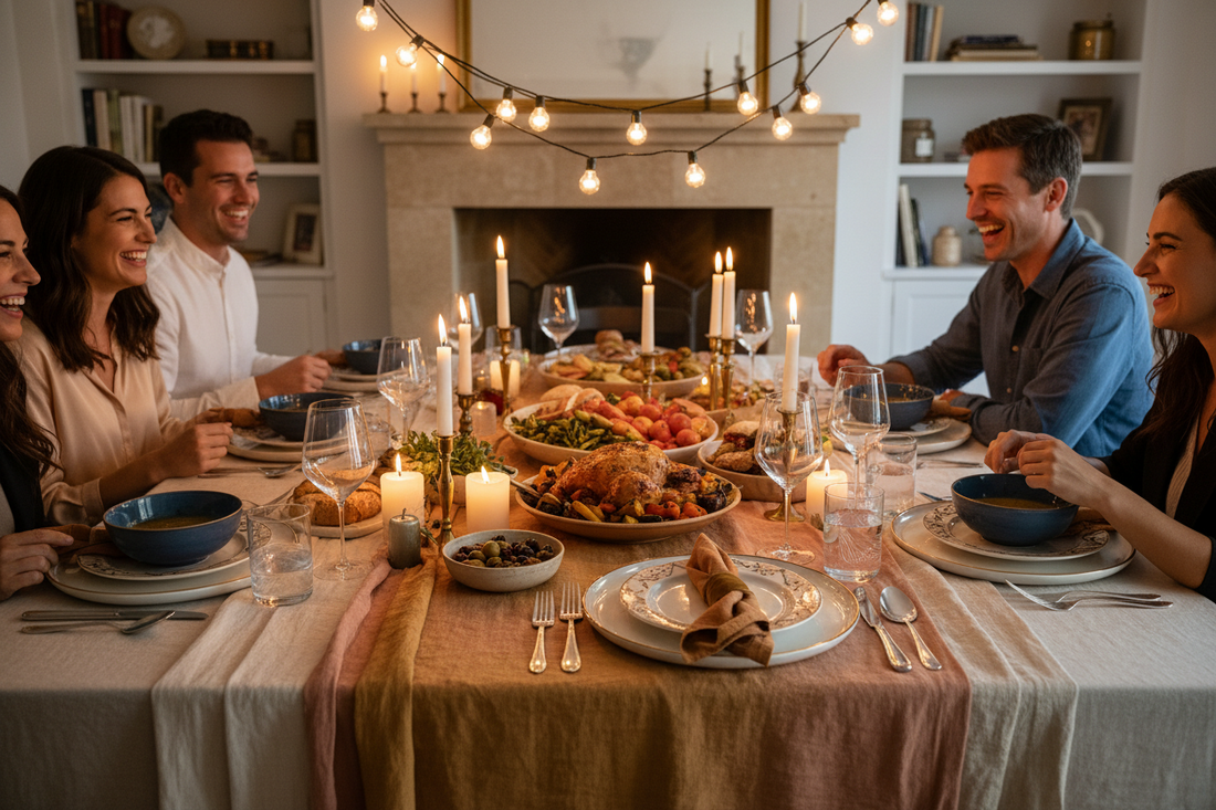 Relaxed elegant dinner party table with layered linens, dinnerware, candles, and shared serving dishes