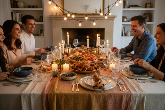 Relaxed elegant dinner party table with layered linens, dinnerware, candles, and shared serving dishes