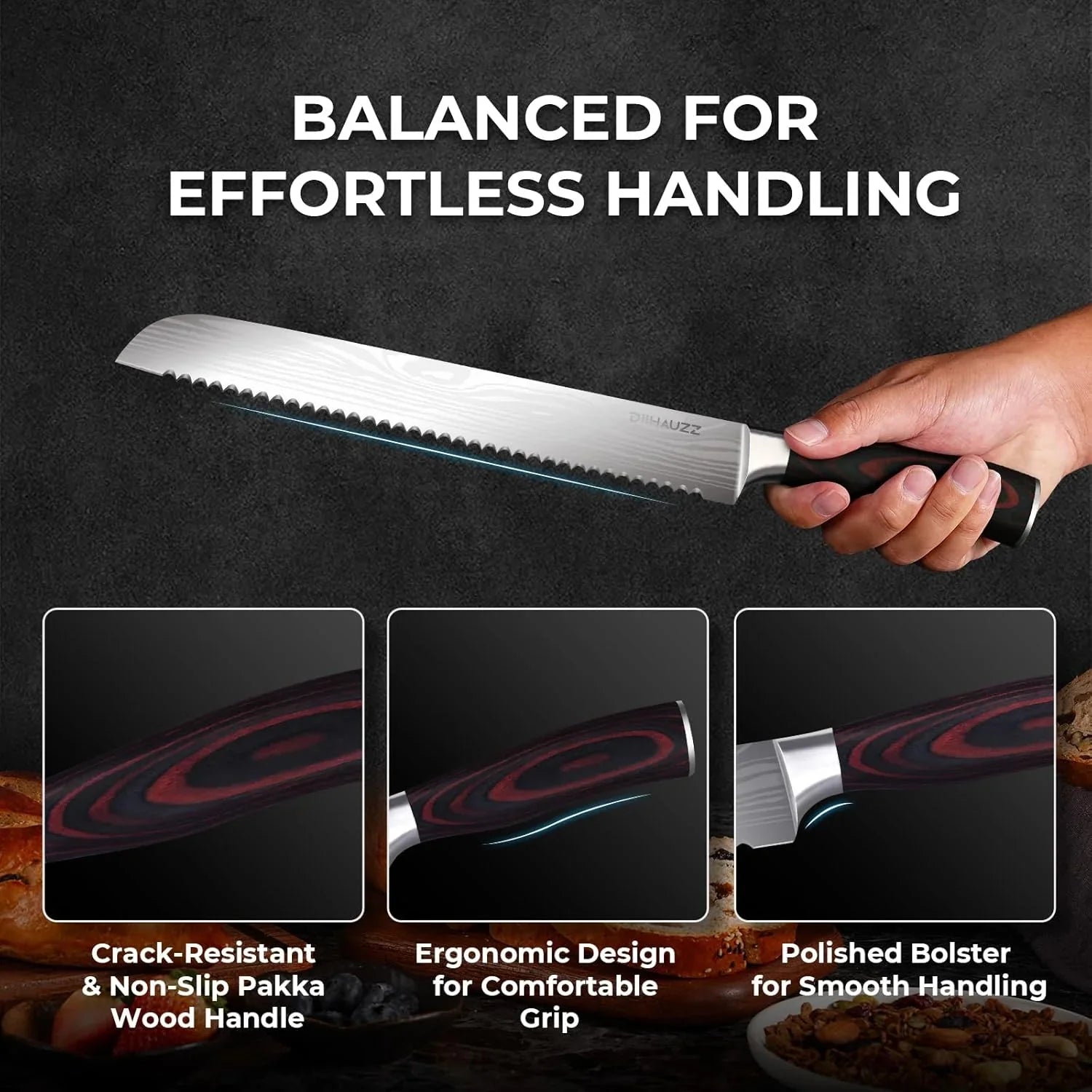 10 Inch Bread Knife, Serrated Knife for Homemade Bread, Razor Sharp High Carbon Stainless Steel Sourdough Cutter, Professional Bakery Kitchen Knives with Ergonomic Handle for Bagel, Cake