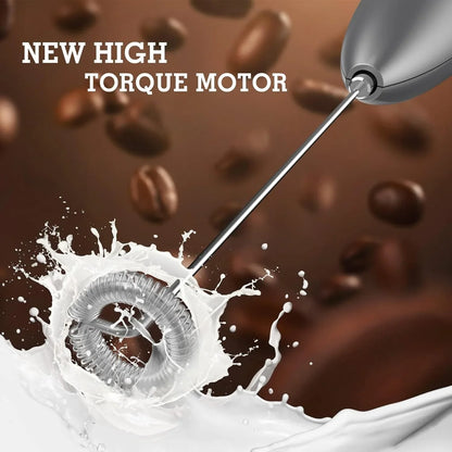 Milk Frother Handheld Electric Foam Maker, Drink Mixer with Stainless Steel Whisk for Cappuccino, Bulletproof Coffee, Latte, Gray, with Stand, Battery Operated