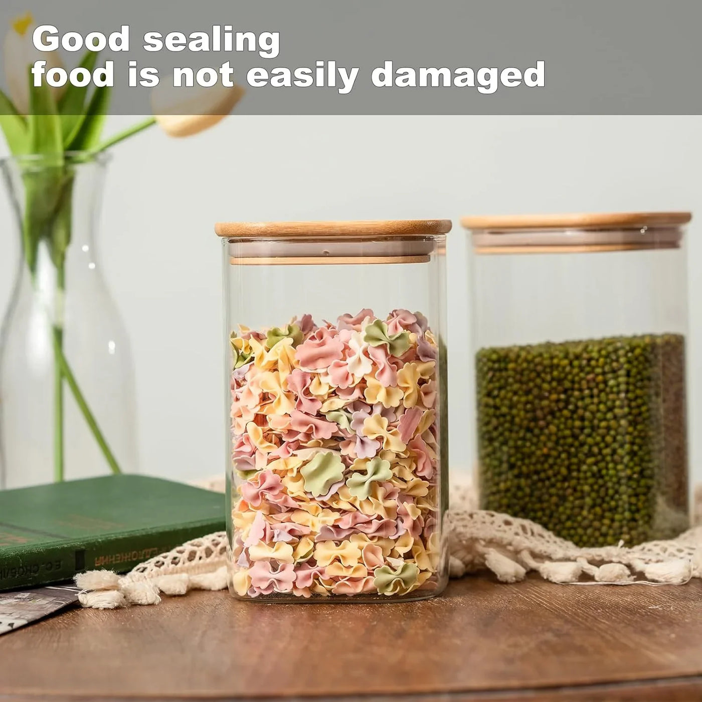 Glass Food Storage Jars 37 Oz Set of 6,Glass Storage Containers Clear Glass Food Canister with Bamboo Lid Airtight for Serving Tea, Coffee, Flour, Sugar, Candy, Cookie, Spice and More (Square)