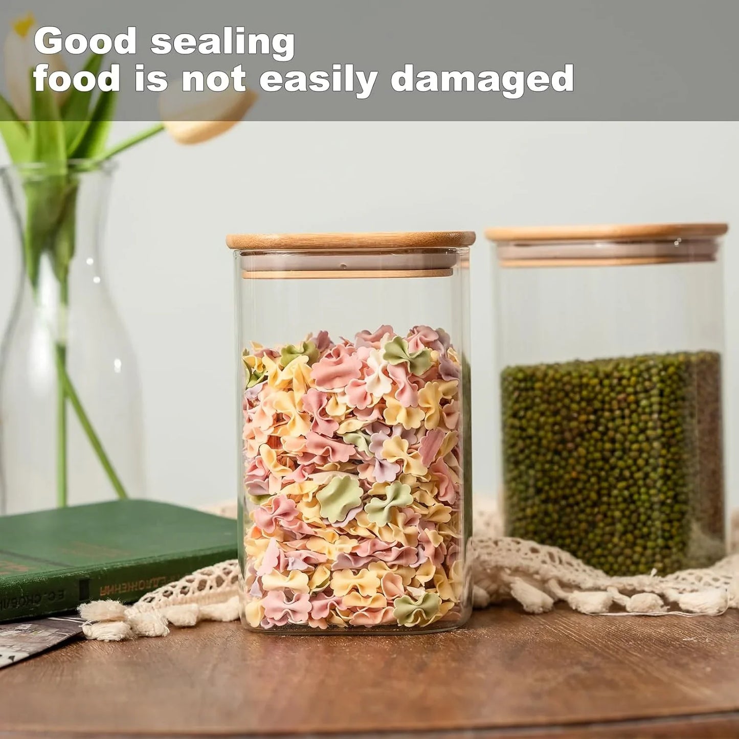 Glass Food Storage Jars 37 Oz Set of 6,Glass Storage Containers Clear Glass Food Canister with Bamboo Lid Airtight for Serving Tea, Coffee, Flour, Sugar, Candy, Cookie, Spice and More (Square)
