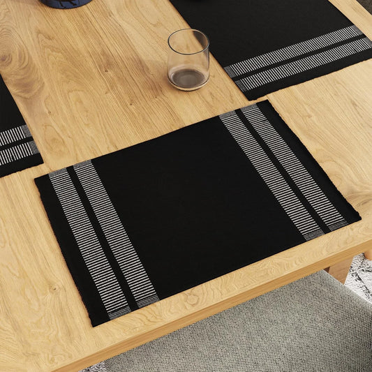 Dining Placemat Set of 6 | Ladder Black Color | Fine Ribbed Cotton Table Mat | Size 18X13 in | Machine Washable