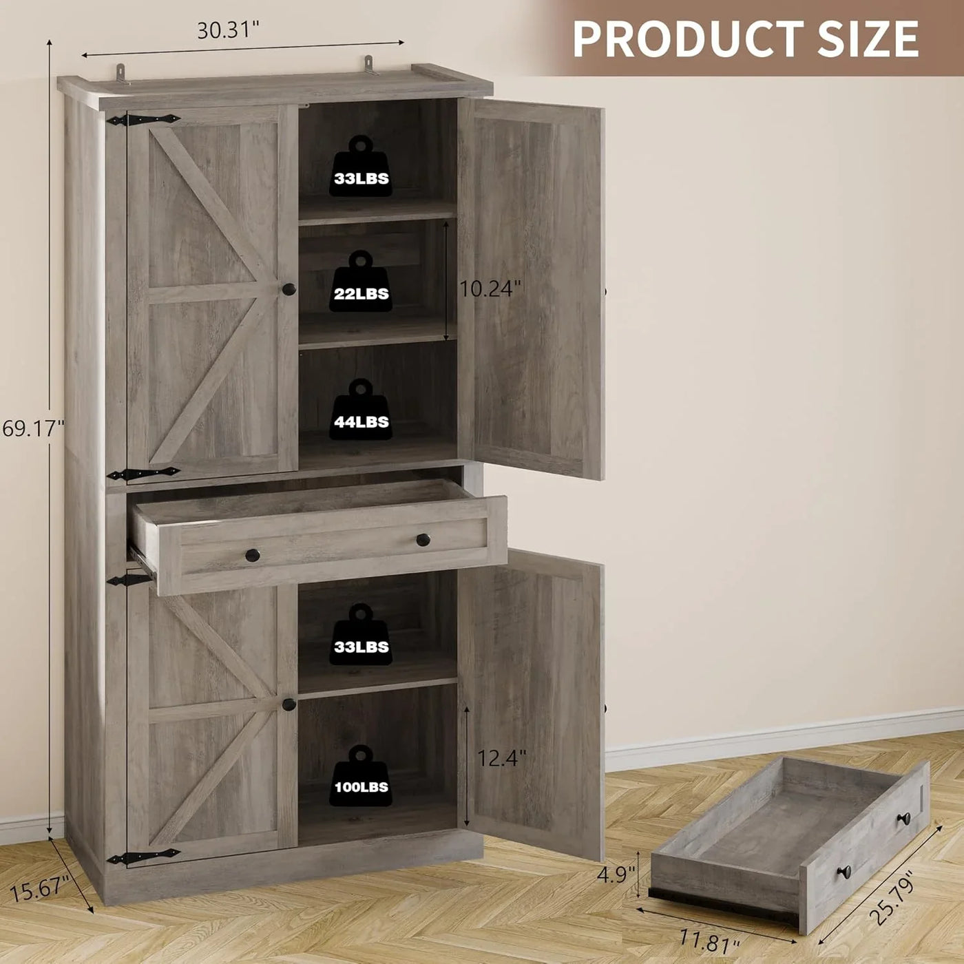Pantry Organizers and Storage Cabinet, 70” Barn Door White Kitchen Cabinet with Drawers and Adjustable Shelf, Tall Pantry for Kitchen, Dining Room, Living Room Bedroom
