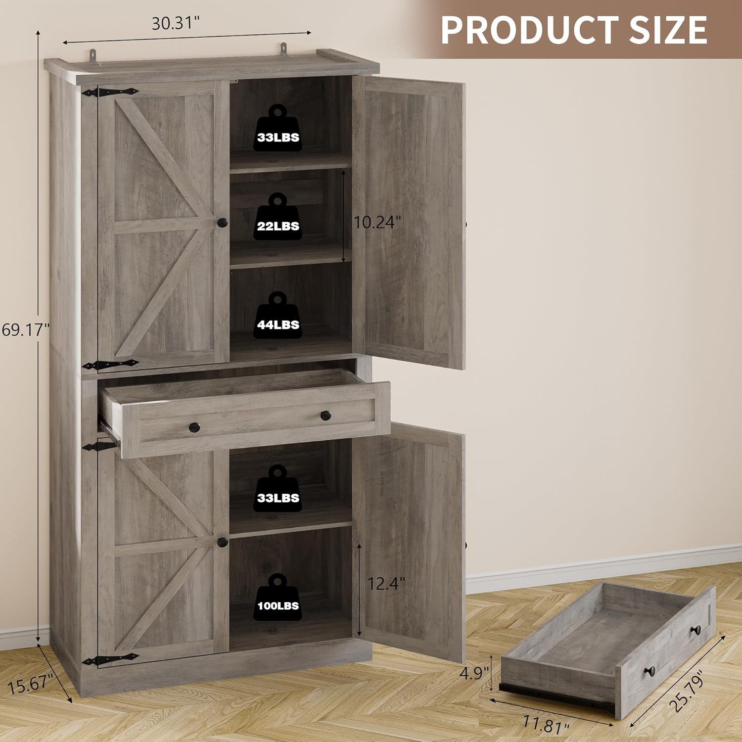 Pantry Organizers and Storage Cabinet, 70” Barn Door White Kitchen Cabinet with Drawers and Adjustable Shelf, Tall Pantry for Kitchen, Dining Room, Living Room Bedroom