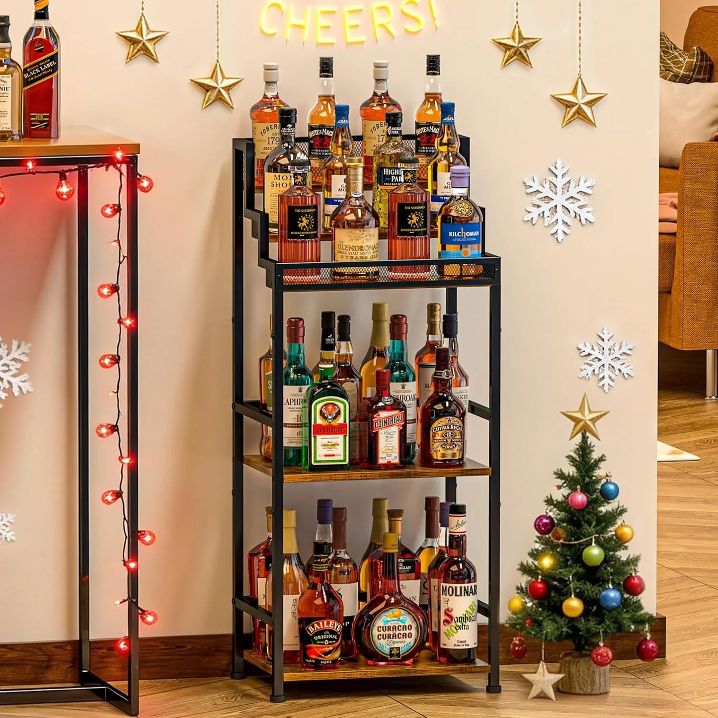 Trapezoidal Liquor Cabinet Bar for Home, Stepped Wine Rack Freestanding Floor, Corner Syrup & Whiskey Stand, Large-Capacity Alcohol Bottle Storage Display Shelf Living Room, Patent Pending