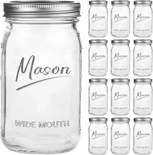 Mason Jars 32 Oz,12 Pack Quart Wide Mouth Mason Jar with Airtight Lids,Glass Canning Jars for Fermenting, Pickling,Meal Prep,Overnight Oats & Centerpieces