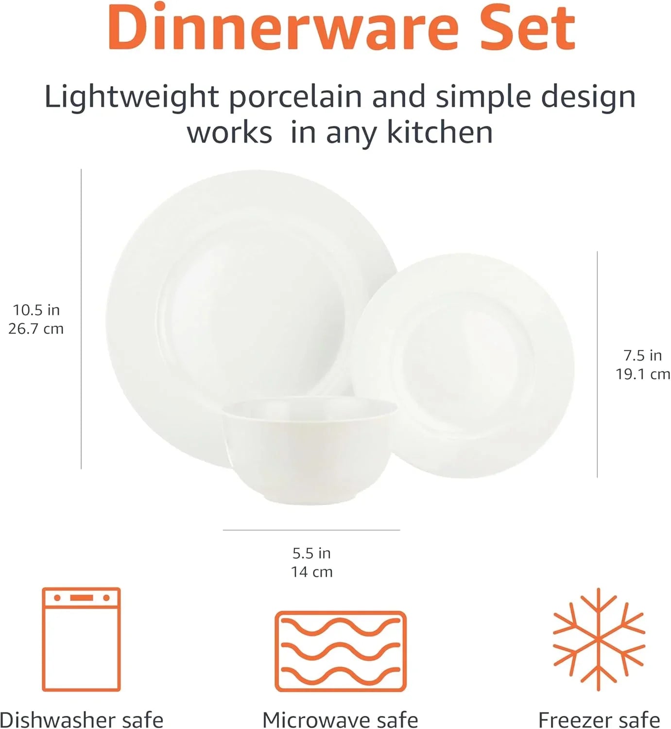 Porcelain Dinnerware Set, Microwave and Dishwasher Safe, Service for 6, 18-Piece, Plates, Bowls, White