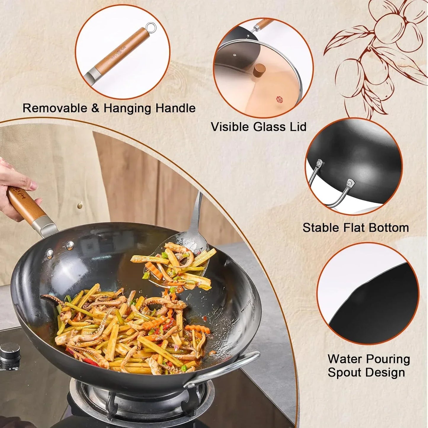 Stir-frying squid and veggies in a wok with removable handle, glass lid, flat bottom, and pour spout