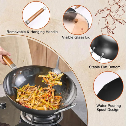 Stir-frying squid and veggies in a wok with removable handle, glass lid, flat bottom, and pour spout
