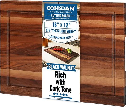 Wood Cutting Board for Kitchen, 16 X 12, USA Grown Solid Black Walnut Hardwood, Edge Grain, Chopping Board, Butcher Block with Juice Groove, Prefinished with Food-Safe Oil, 3/4" Thick
