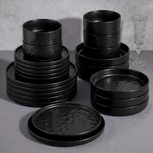 24-Piece Black Plates and Bowls Sets with Pasta Bowls - Stoneware Dinnerware Set for 6, Modern Ribbed Matte Black Kitchen Dishes, Microwave & Dishwasher Safe
