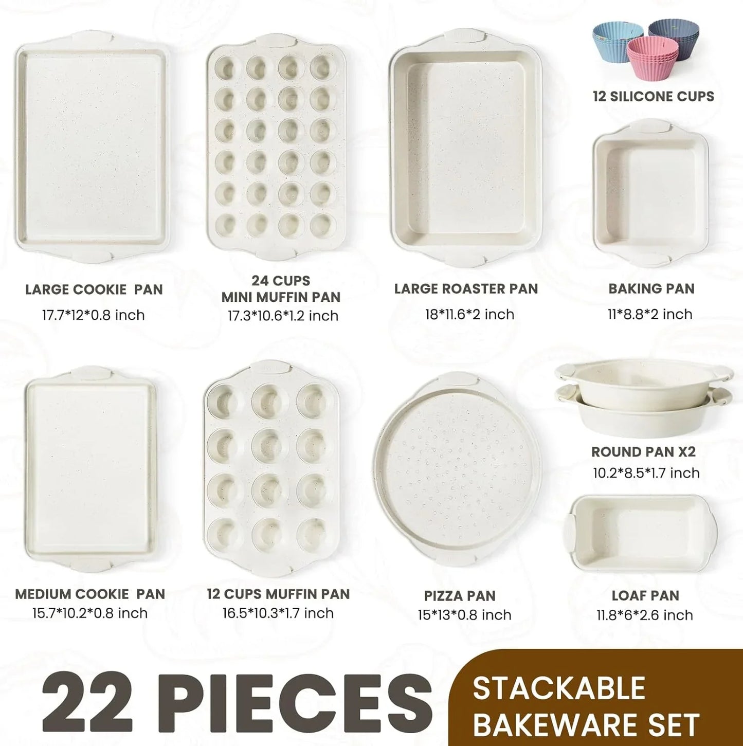 22 PCS Nonstick Baking Pans Set, Stackable Bakeware Sets with Silicone Handles, 450°F Oven Safe Baking Sheet Set, Easy Release Cookie Sheets for Baking, Cream