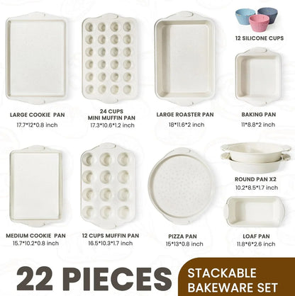 22 PCS Nonstick Baking Pans Set, Stackable Bakeware Sets with Silicone Handles, 450°F Oven Safe Baking Sheet Set, Easy Release Cookie Sheets for Baking, Cream