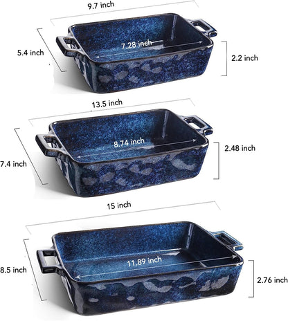 Ceramic Bakeware Set, Porcelain Rectangular Lasagna Pans Casserole Dish Set for Baking, Cooking, Kitchen, Cake Dinner, Banquet and Daily Use, 3 PCS, 15 X 8.5 Inches(Blue)