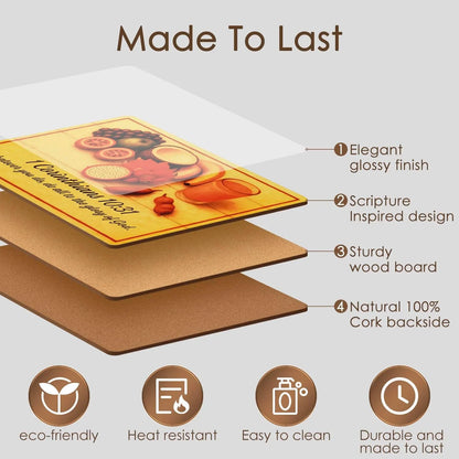 Bible Verse Placemats, 1 Corinthians 10 31, Set of 6, Cork Backed Wood Table Mats, Heat Resistant Christian Scripture Dining Decor, Large 15.7 X 11.4 Inch, Durable and Easy to Clean