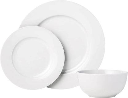 Porcelain Dinnerware Set, Microwave and Dishwasher Safe, Service for 6, 18-Piece, Plates, Bowls, White
