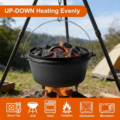 Cast iron Dutch oven over campfire with even heating, ideal for outdoor cooking and camping meals.