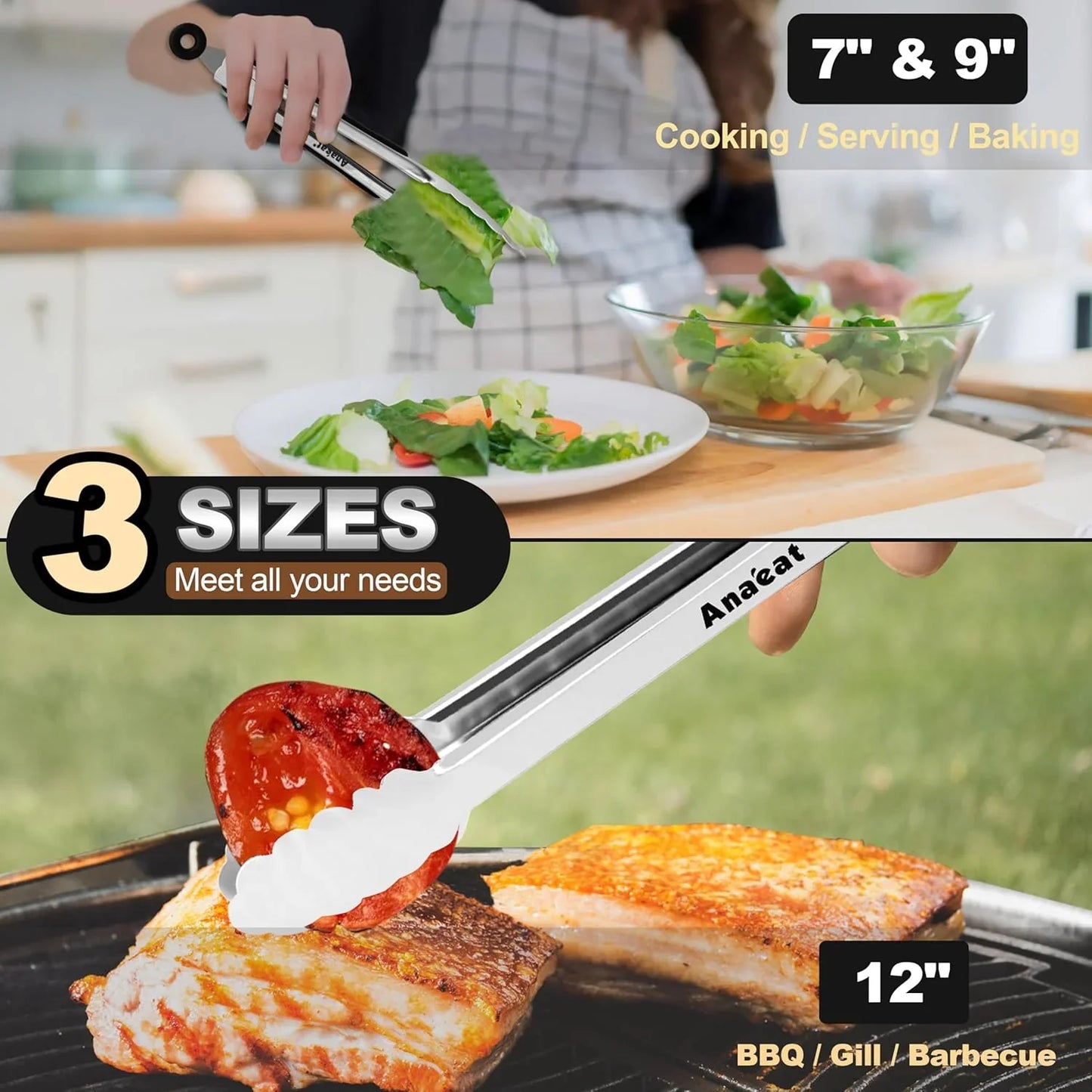 Premium Kitchen Locking Tong Set of 3 - Heavy Duty Stainless Steel Food Tongs with Long Handle & Non-Slip Silicone Grip for Cooking, Baking, Grilling - Heat Resistant up to 480°F