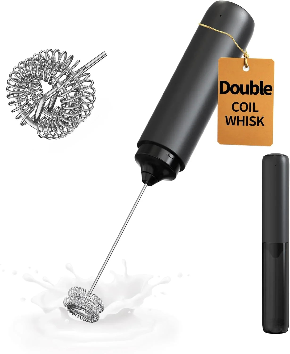 Rechargeable Milk Frother Hanheld, Dual Coil Whisk Head Electric Coffee Frother, Portable Hand Frother Wand Drink Mixer for Matcha Lattes Cappuccino, Kitchen Gifts, Black