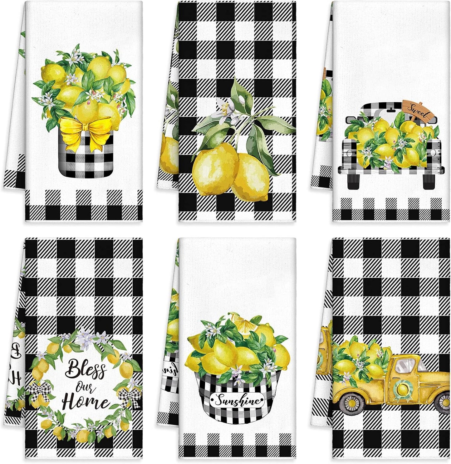 6 Pcs Lemon Kitchen Towels Lemonade Dish Towels with Sayings Decorative Hand Tea Dishcloths for Kitchen Decor with Hanging Loop for Housewarming Gift(Black White,Plaid Lemon)