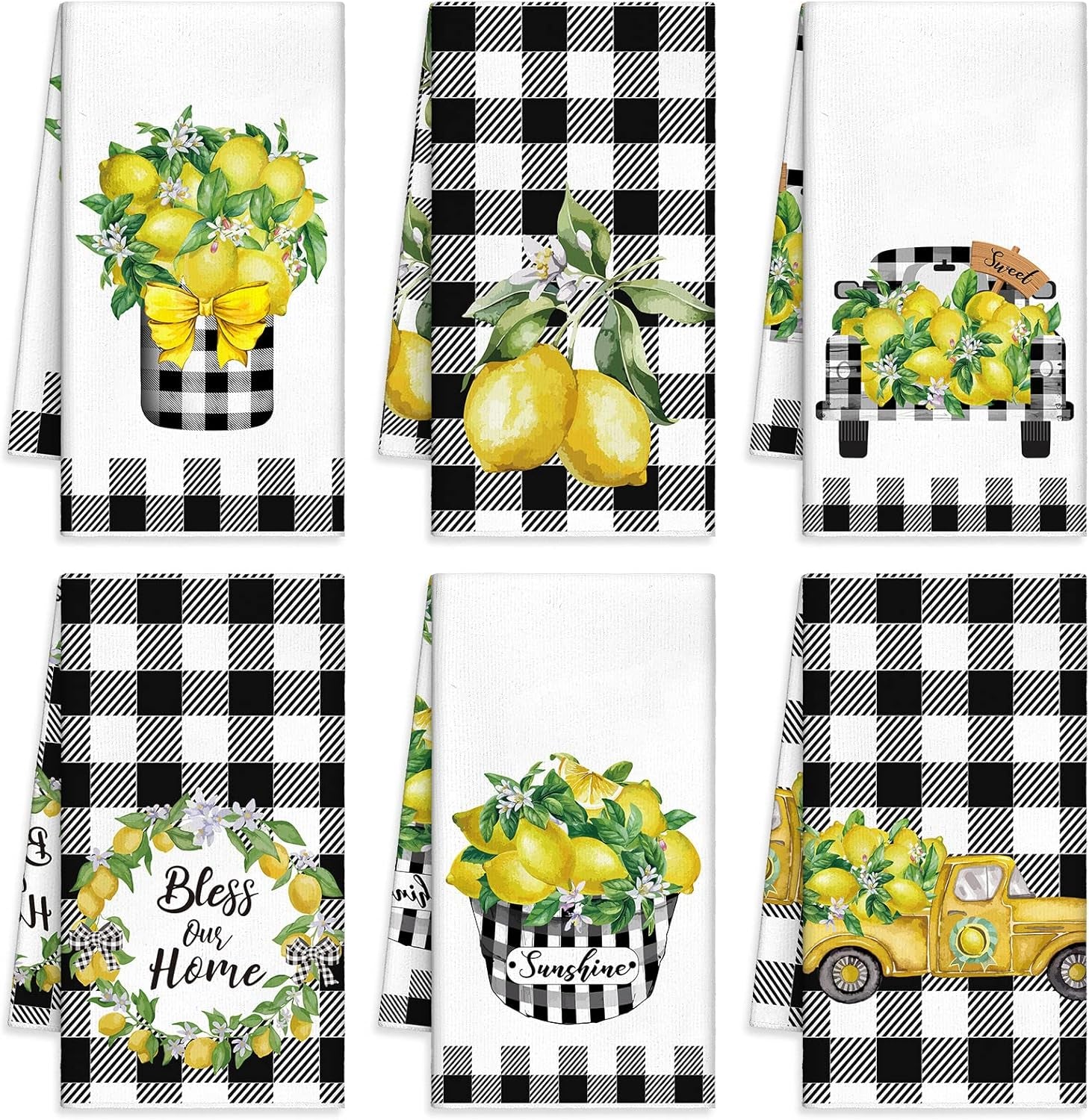 6 Pcs Lemon Kitchen Towels Lemonade Dish Towels with Sayings Decorative Hand Tea Dishcloths for Kitchen Decor with Hanging Loop for Housewarming Gift(Black White,Plaid Lemon)