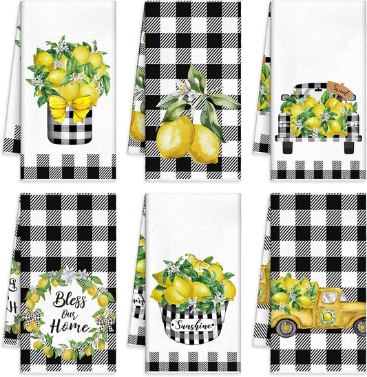 6 Pcs Lemon Kitchen Towels Lemonade Dish Towels with Sayings Decorative Hand Tea Dishcloths for Kitchen Decor with Hanging Loop for Housewarming Gift(Black White,Plaid Lemon)