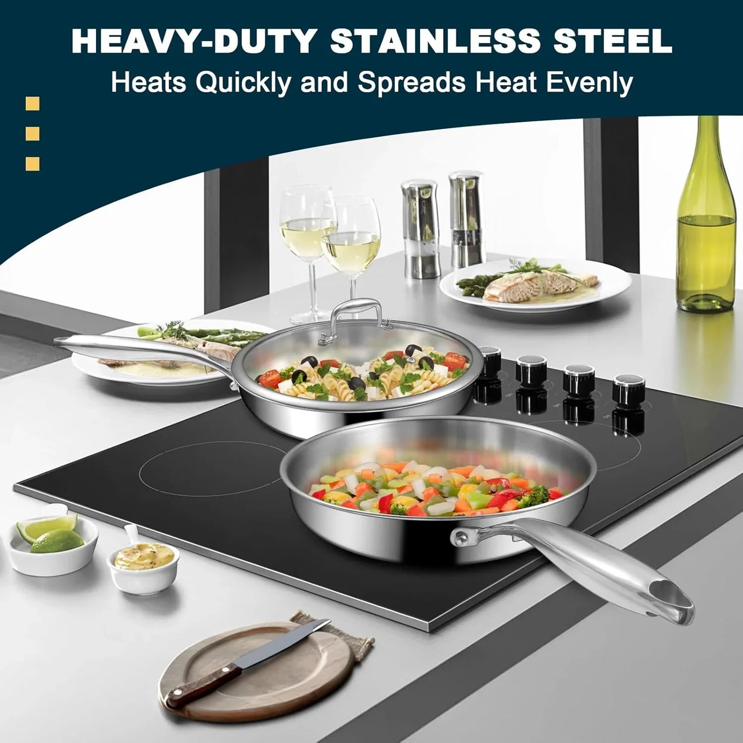 Tri-Ply Stainless Steel Frying Pans Set with Lid,  8”/10”/12” Cooking Pans, PFOA&PTFE Free Skillet, Induction Cooking Pan, Dishwasher and Oven Safe, Fast & Even Heat, Suitable for All Stove