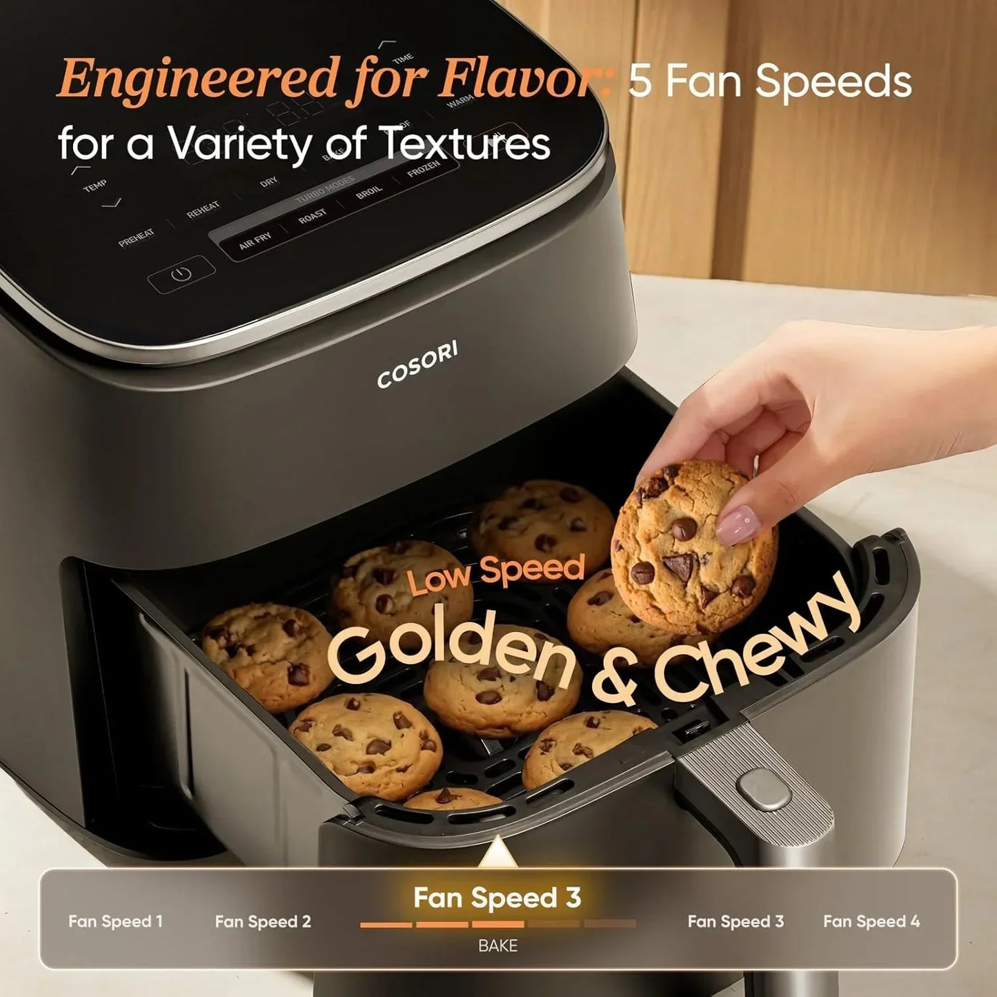 COSORI air fryer baking golden chewy chocolate chip cookies with 5 fan speed settings
