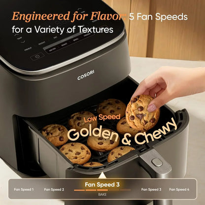 COSORI air fryer baking golden chewy chocolate chip cookies with 5 fan speed settings
