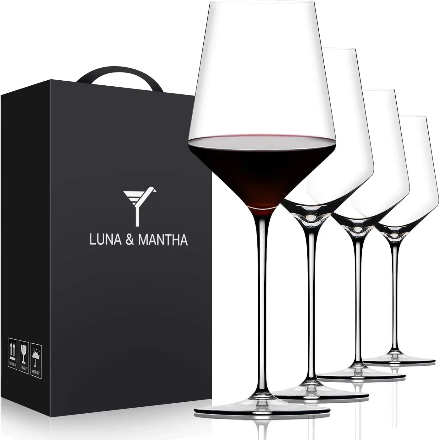 Elegant red wine glasses set with Luna & Mantha gift box, perfect for dining and entertaining.
