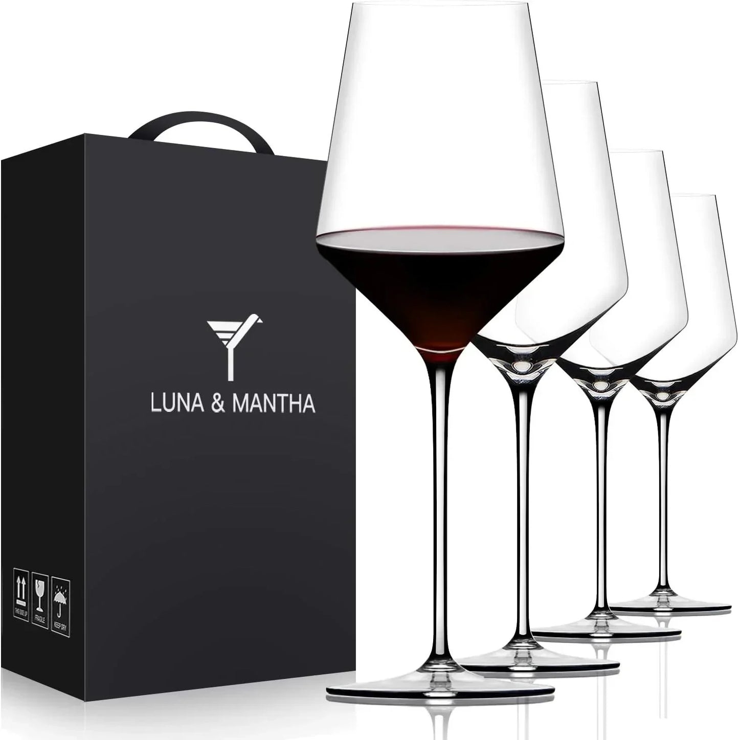 Elegant red wine glasses set with Luna & Mantha gift box, perfect for dining and entertaining.