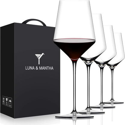Elegant red wine glasses set with Luna & Mantha gift box, perfect for dining and entertaining.