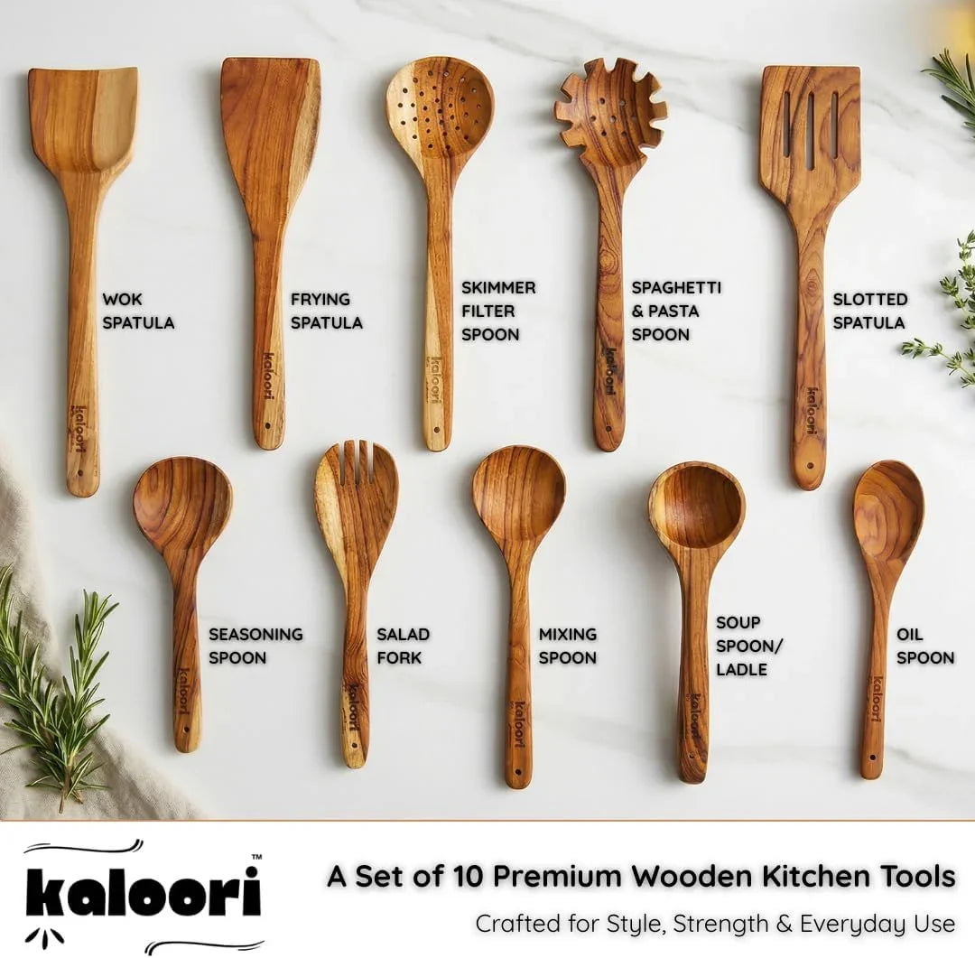 10-Piece Teak Wooden Cooking Utensil Set | Handmade Wood Spoons & Spatulas | Heat-Resistant, Non-Scratch Cookware Safe