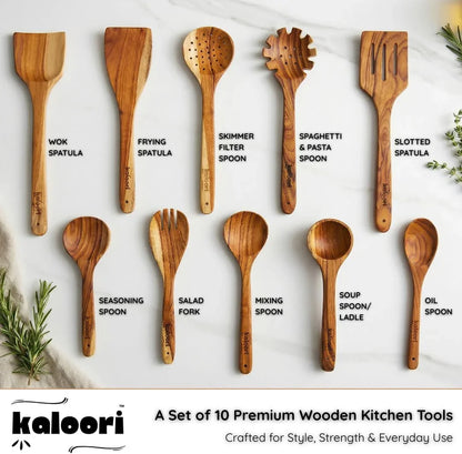 10-Piece Teak Wooden Cooking Utensil Set | Handmade Wood Spoons & Spatulas | Heat-Resistant, Non-Scratch Cookware Safe