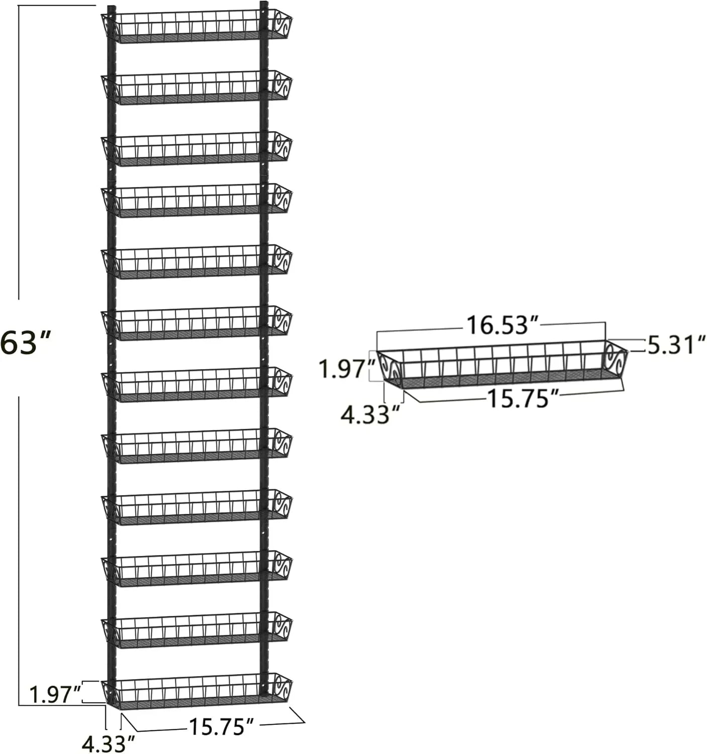 Adjustable Wall Mount Spice Rack Organizer, 12-Tier Dual-Use (Multi-Use) Hanging Spice Shelf Storage for Kitchen Pantry Cabinet Door, Seasoning Holder Organizer, Black