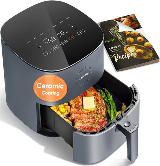Air Fryer Pro, Compact 5QT, Ceramic Coating, 7 Presets with Preheat & Keep Warm, 450℉, Easy to Use & Clean, Shake Reminder, 130+ In-App Recipes, Nonstick & Dishwasher-Safe Basket, Gray