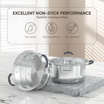- 3.1 Quart Steamer Pots with Lid 2-Tier Multipurpose Stainless Steel Steaming Pot Cookware with Handle for Vegetable, Dumpling, Sauce, Food - Triple Bottom, Measurement Line