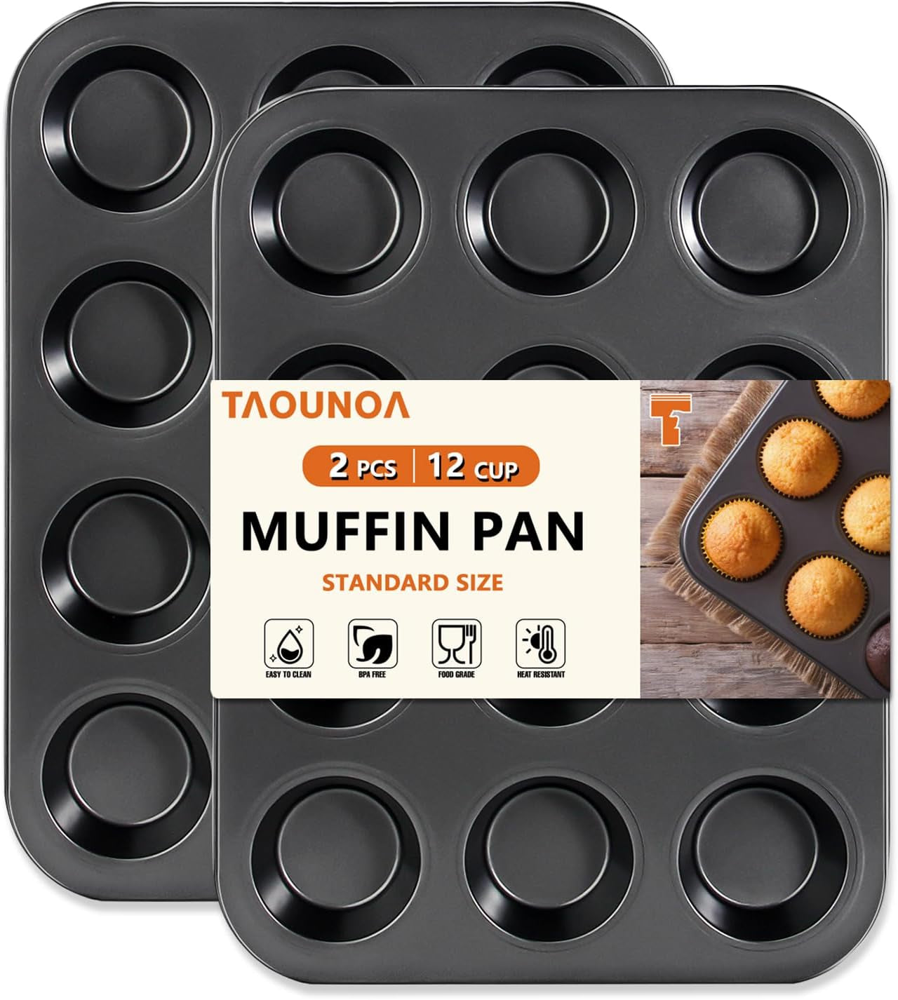 Muffin Tin, 12-Well Nonstick Cupcake Pan Set of 2, Heavy Duty Steel Muffin Pan