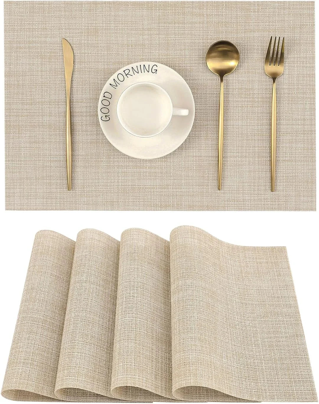 Beige Placemats Set of 4 - Heat Resistant Non-Slip Place Mats for Dining Table, Washable Durable PVC Vinyl Woven Table Mats（Beige, 4）