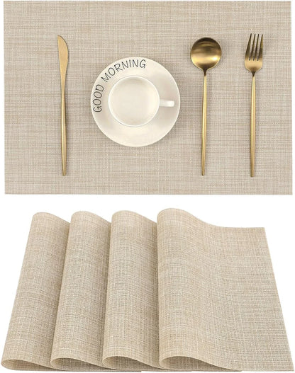 Beige Placemats Set of 4 - Heat Resistant Non-Slip Place Mats for Dining Table, Washable Durable PVC Vinyl Woven Table Mats（Beige, 4）