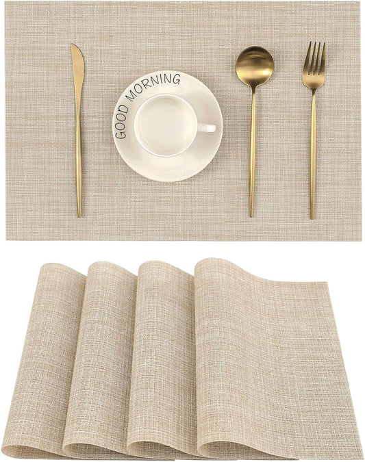 Beige Placemats Set of 4 - Heat Resistant Non-Slip Place Mats for Dining Table, Washable Durable PVC Vinyl Woven Table Mats（Beige, 4）