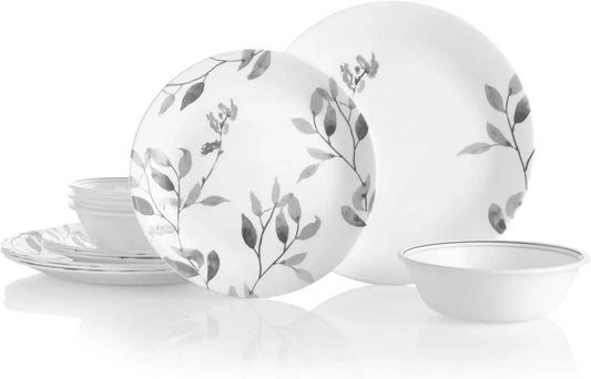12-Piece Vitrelle Misty Leaves Chip and Break Resistant Dinner Set, Grey