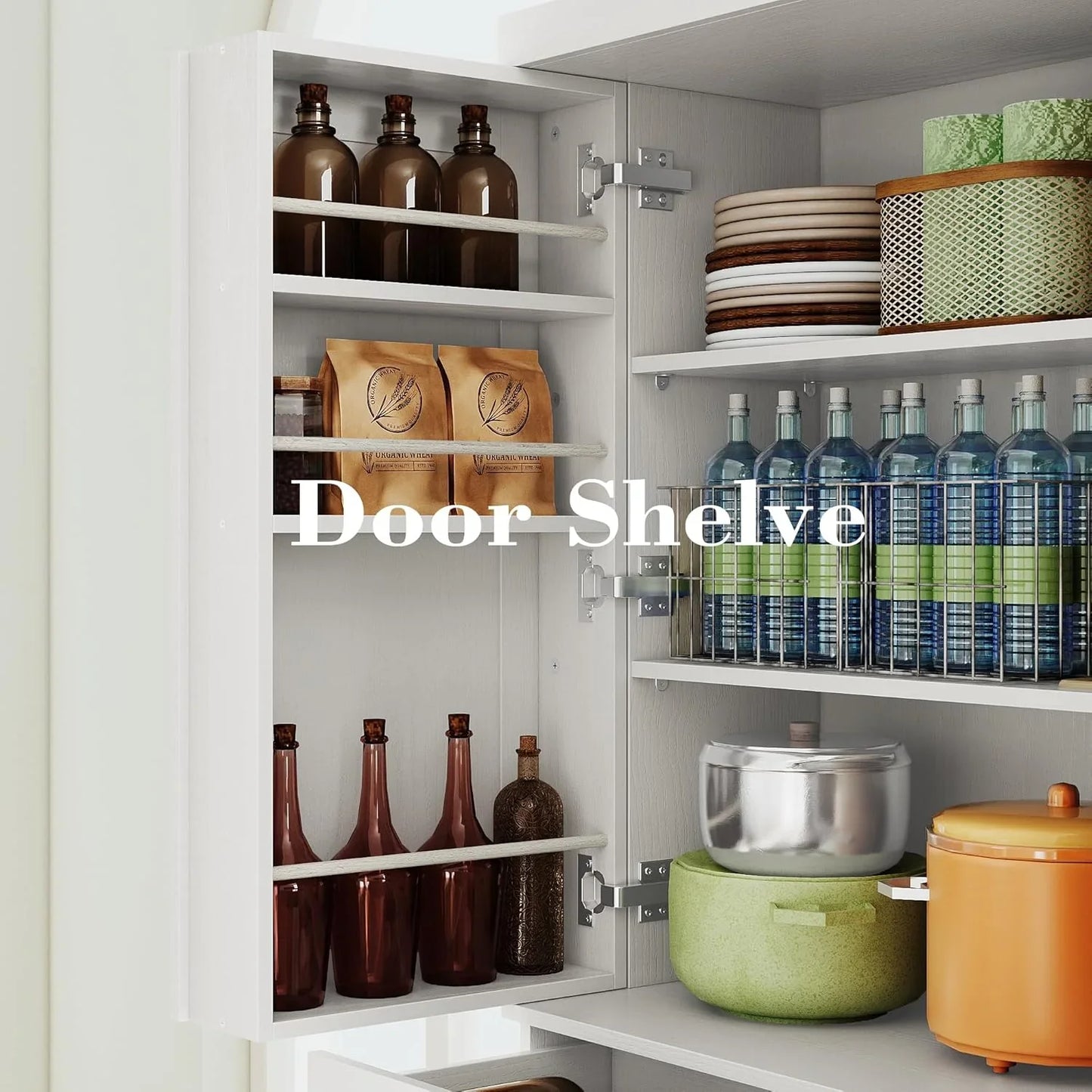 Kitchen Pantry Cabinet 72" Height, Freestanding Cupboard with Drawer, Sliding Storage Rack, and 6 Hanging Shelves for Dining Room, Laundry, White