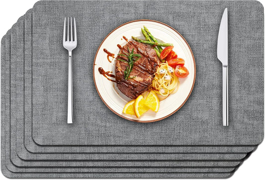 Faux Leather Placemats Set of 6 - Waterproof - Wipe Clean - Heat Resistant - anti Slip Dining Table Place Mats, Suitable for Indoor & Outdoor Use, 17’’×12’’, Grey