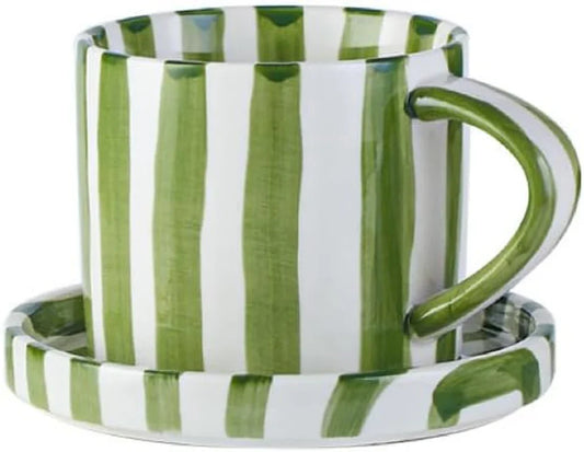 Small 8Oz Stylish Handmade Vertical Striped Coffee Mug Espresso Cups with Saucer, Hand Painted Ceramic Cappuccino Mugs, Glazed Tea Cup, Microwave Safe Latte Art Mug, Spring Mug (Green)