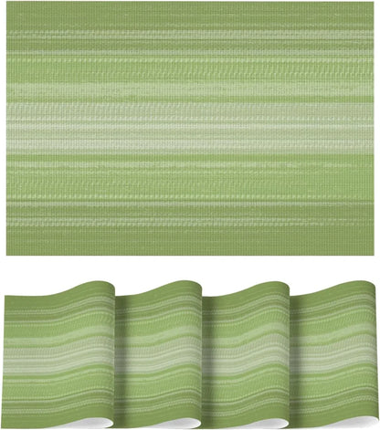 Green Gradient Stripes Placemats Set of 4, Washable Heat Resistant Non-Slip Woven Plastic Spring PVC Place Mats for Farmhouse Party Kitchen Dining Decor