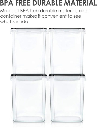 4 PCS Large Food Storage Containers 5.2L / 175Oz, 4 Pieces BPA Free Plastic Airtight Canisters for Flour, Sugar, Baking Supplies, Rice with Lids, 4 Measuring Cups and 24 Labels, Black
