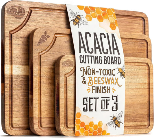 Cutting Boards for Kitchen (Set of 3) Beeswax Finished Acacia Wood Cutting Board, Mineral Oil Free Wooden Cutting Boards Non Toxic with Juice Groove, Non-Slip Feet, Charcuterie Boards