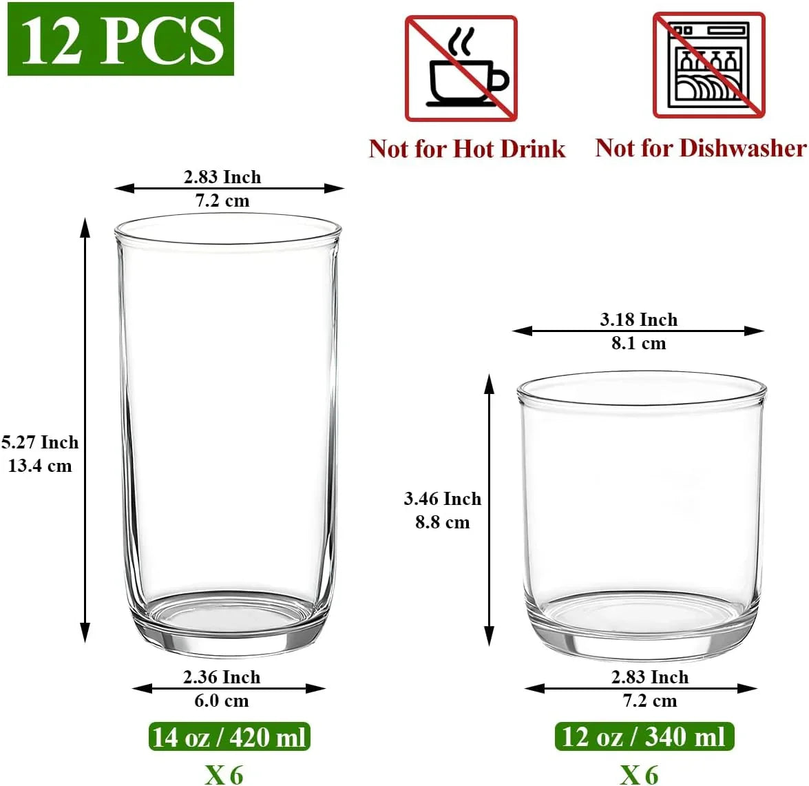 Drinking Glasses Set of 12, PET Clear Plastic Highball Glasses 14Oz & Whisky Cocktail Glasses Set 11.5Oz, Heavy Duty Unbreakable Water Glasses Cup Tumbler Glassware for Beer, Juice, Milk